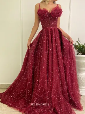 Spaghetti Straps Burgundy Prom Dress Beautiful Princess Long Evening Formal Dress #POL119