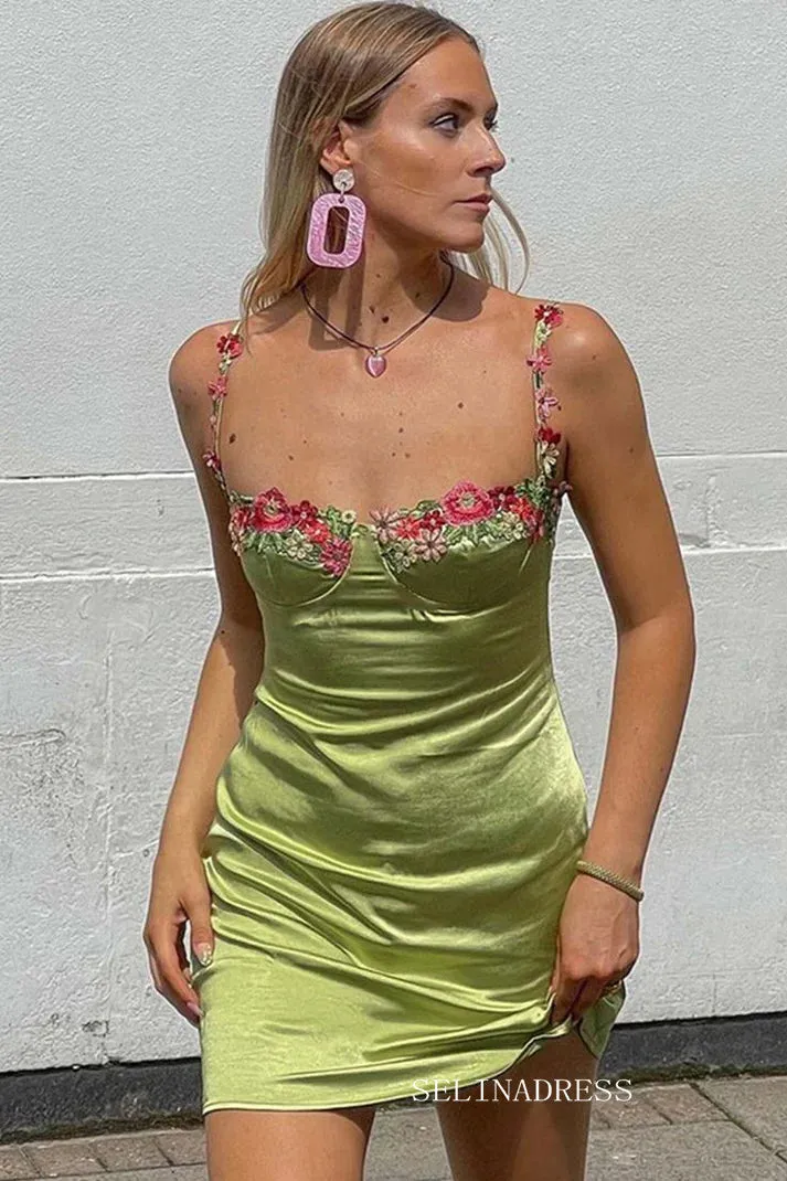 Spaghetti Straps Floral Sage Homecoming Dresses Hoco Dress #EWR563