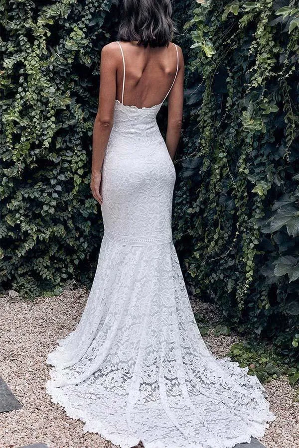 Spaghetti Straps Mermaid All Over Lace Ivory Wedding Dress WD061