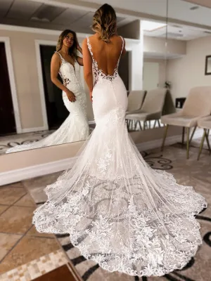 Spaghetti Straps Mermaid White Lace Wedding Dress EWR392