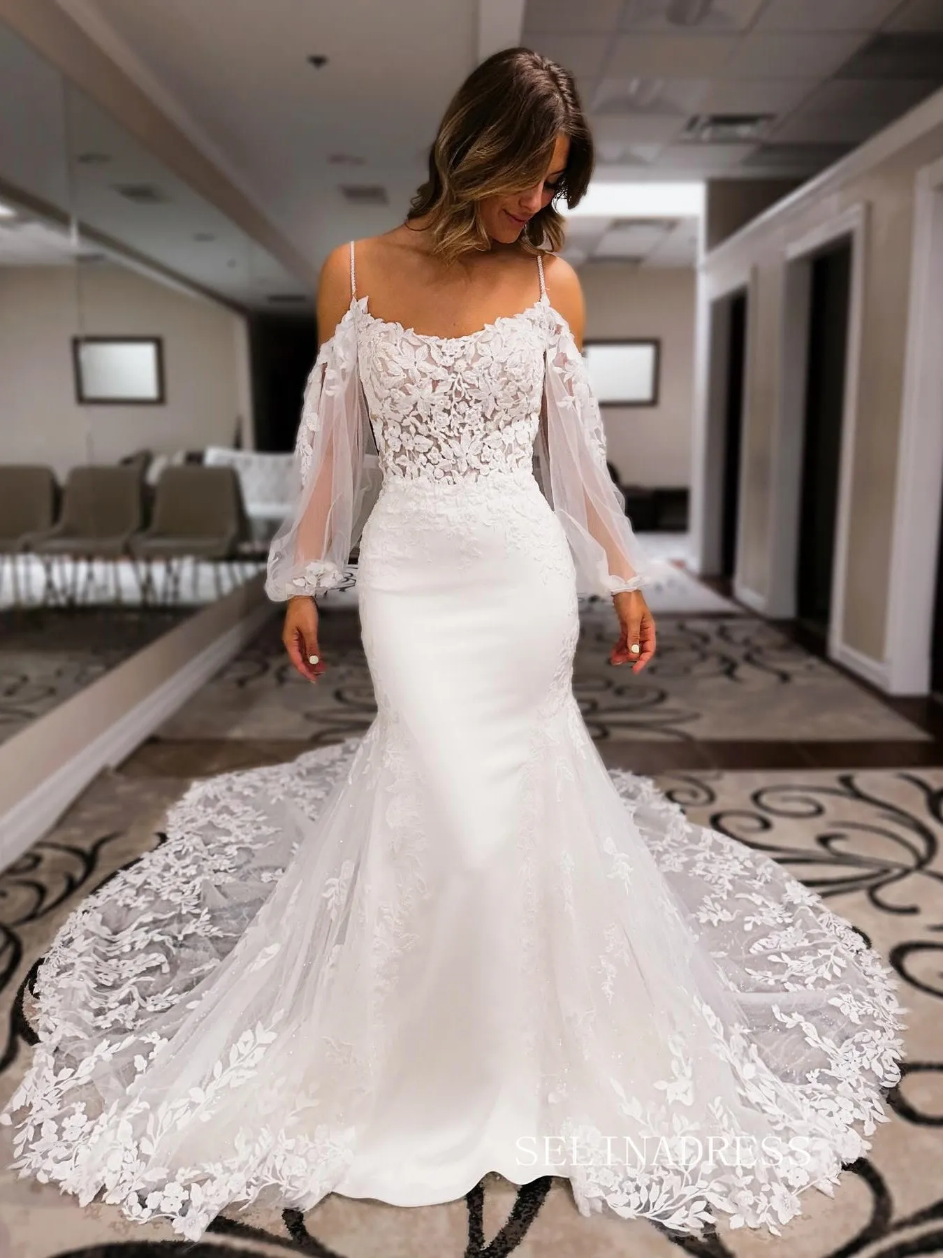 Spaghetti Straps Mermaid White Lace Wedding Dress With Long Sleeve EWR395