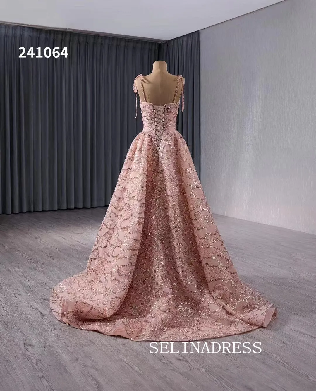 Spaghetti Straps Pink Evening Dress Luxury Sequins Wedding Dress Formal Gowns 241064