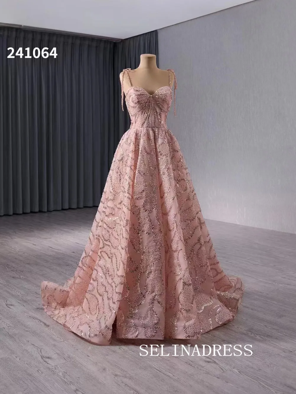 Spaghetti Straps Pink Evening Dress Luxury Sequins Wedding Dress Formal Gowns 241064