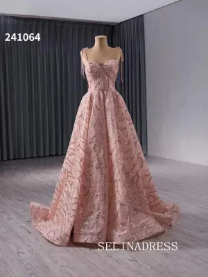 Spaghetti Straps Pink Evening Dress Luxury Sequins Wedding Dress Formal Gowns 241064