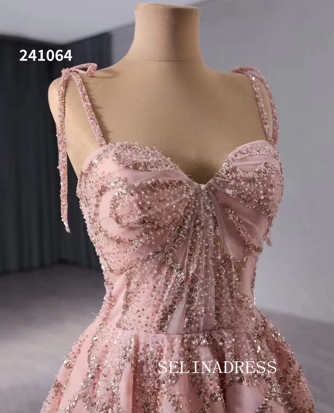 Spaghetti Straps Pink Evening Dress Luxury Sequins Wedding Dress Formal Gowns 241064