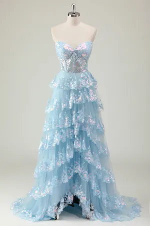 Sparkly Blue Tiered Sequined Strapless Corset Prom Dress