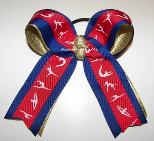 Sparkly Gymnastics Red Blue Gold Ponytail Bow