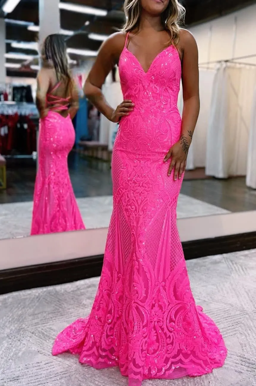 Sparkly Mermaid Backless Hot Pink Sequins Long Prom Dress