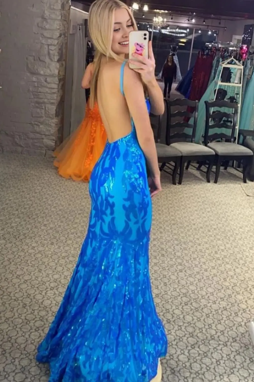 Sparkly Mermaid Orange Sequins Long Prom Dress