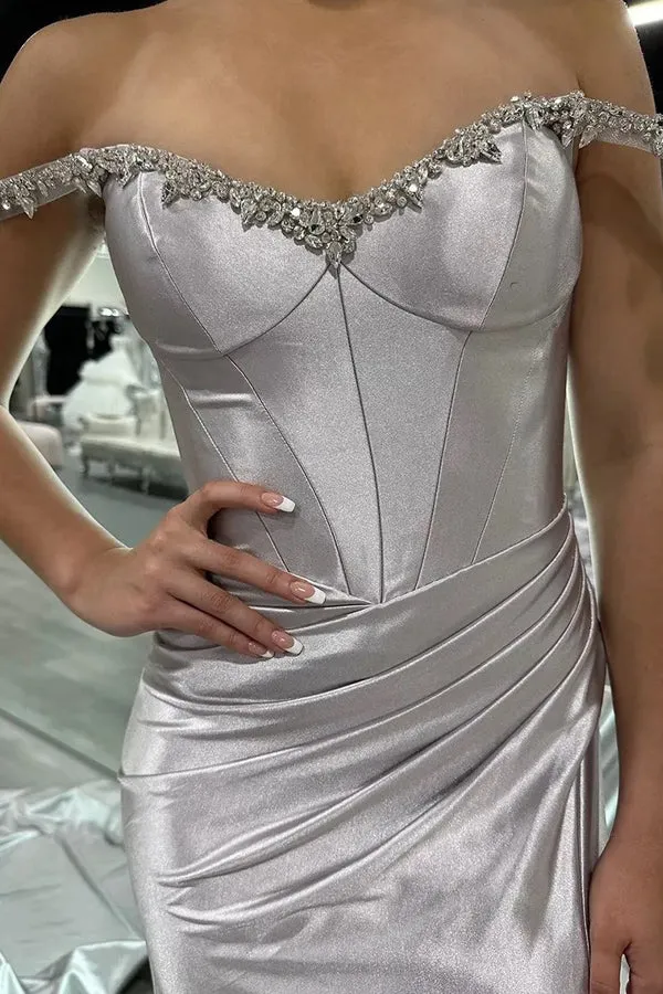 Sparkly Mermaid Silver Off the Shoulder Corset Long Prom Dress PSK582