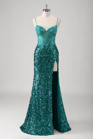 Sparkly Peacock Green Spaghetti Straps Mermaid Prom Dress with Slit