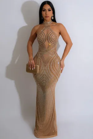 Sparkly Rhinestone Halter Neck Fishtail Sheer Mesh Maxi Dress - Apricot