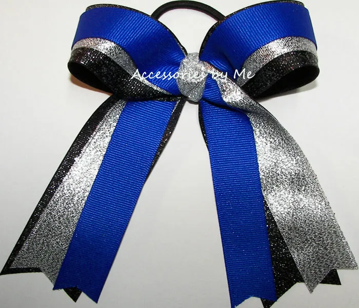 Sparkly Royal Blue Black Silver Ponytail Bow