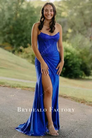 Sparkly Royal Blue Strapless V-Neck Slit Prom Dress