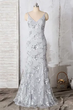 Sparkly Silver Floral Sequin Gray Sexy Open Back Mermaid Prom Gown