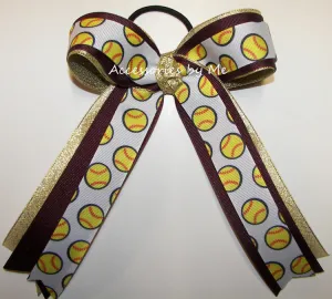 Sparkly Softball Maroon Gold Ponytail Bow