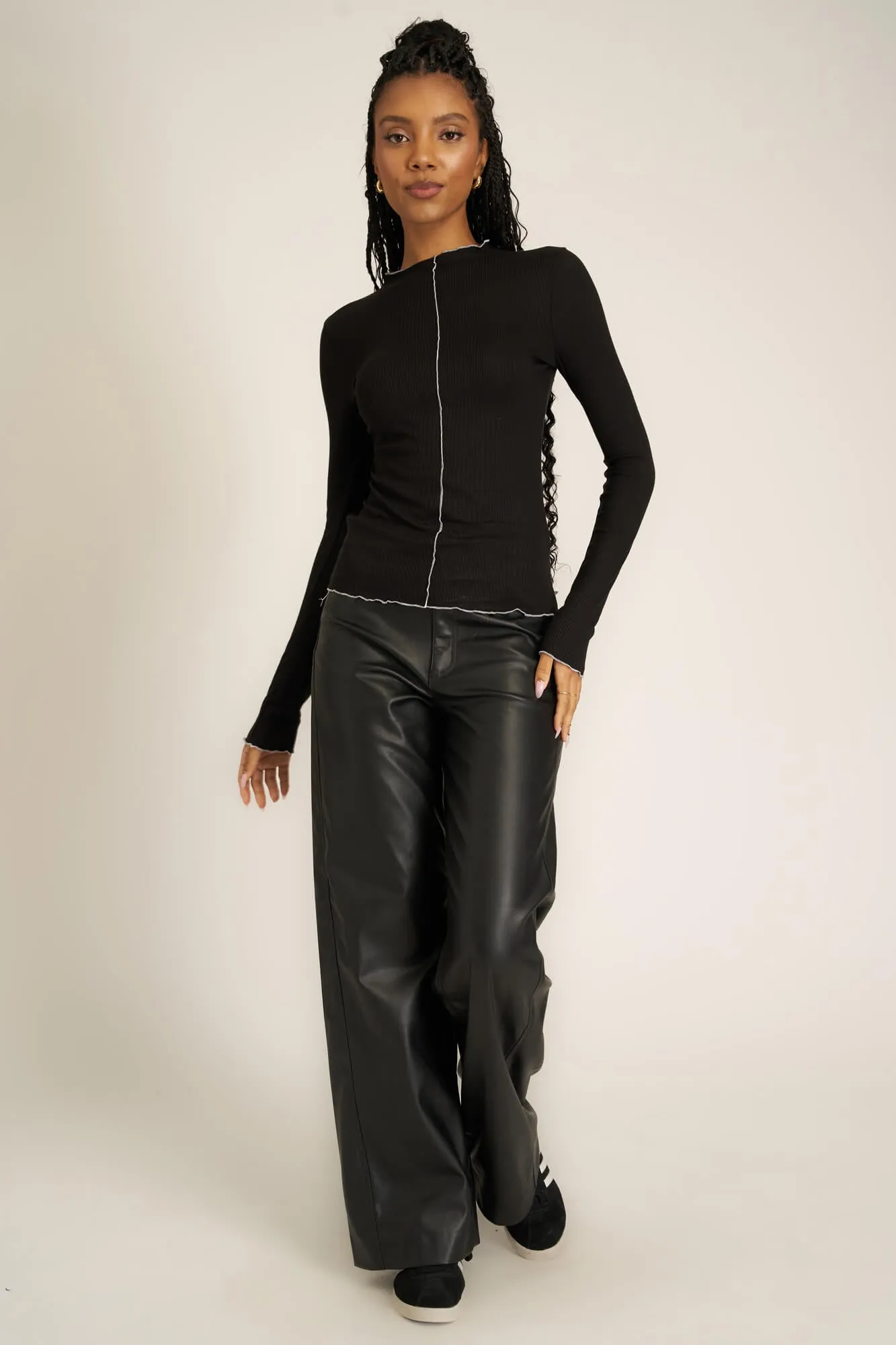 Sparks Seamed Rib Funnel Neck Long Sleeve - Black