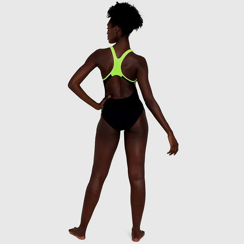 Speedo - Women's Placement Laneback Swimsuit - Black/Yellow