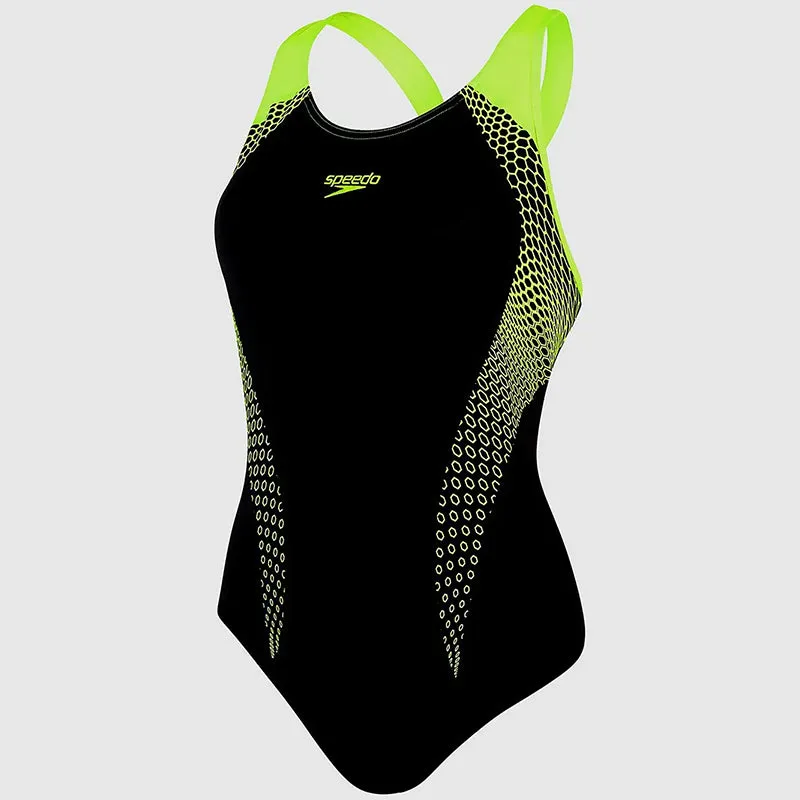 Speedo - Women's Placement Laneback Swimsuit - Black/Yellow