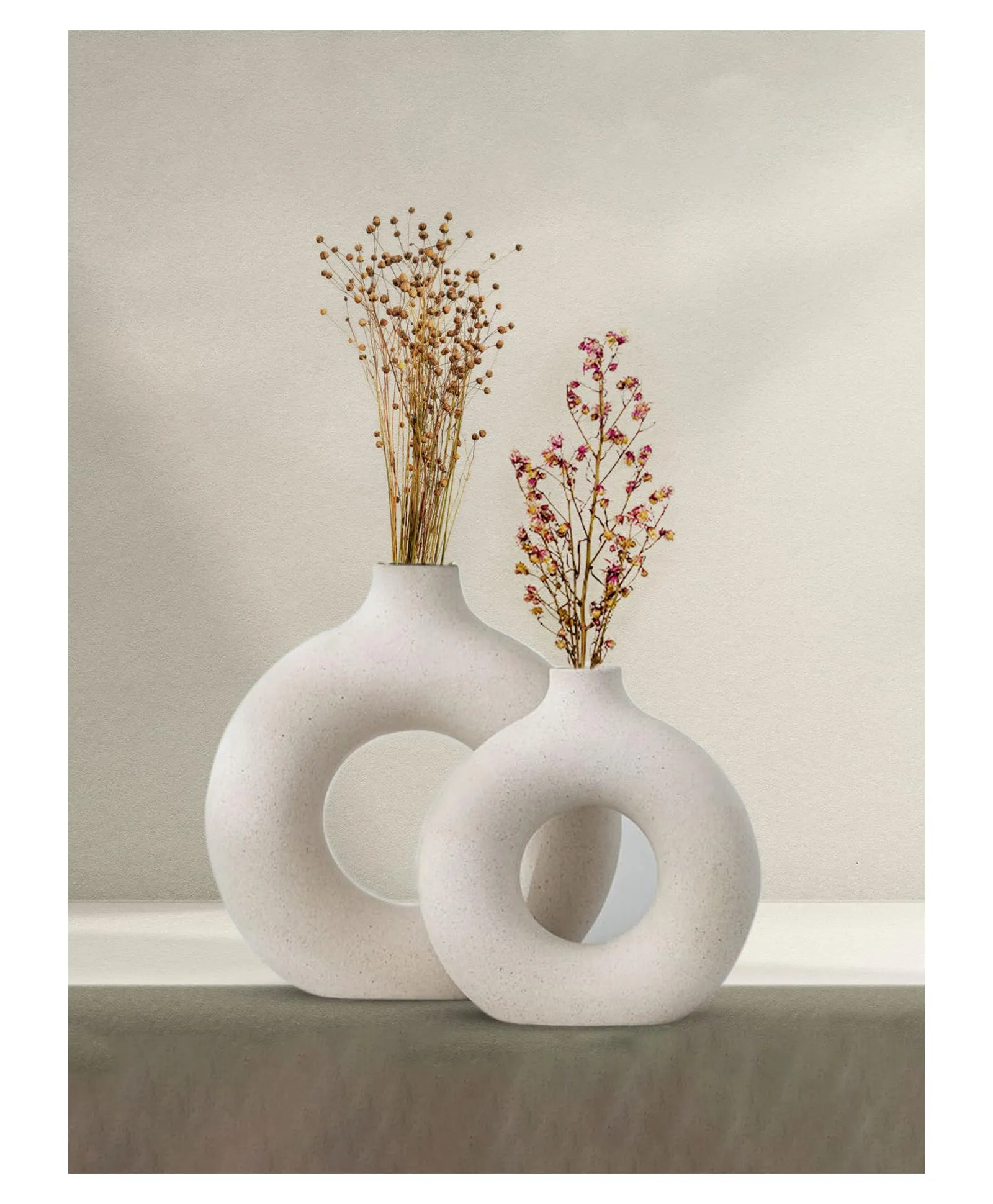 SPHINX Ceramic Donut Vase, Flower Vase Pampas Grass Vase, Vase Home Decor Centrepiece Decor for Home, Office, or Gifts-Vase Only - (White (6 & 8 Inches Set))