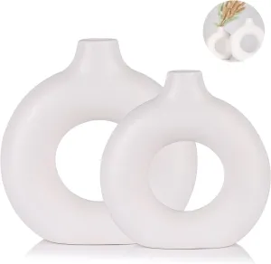 SPHINX Ceramic Donut Vase, Flower Vase Pampas Grass Vase, Vase Home Decor Centrepiece Decor for Home, Office, or Gifts-Vase Only - (White (6 & 8 Inches Set))