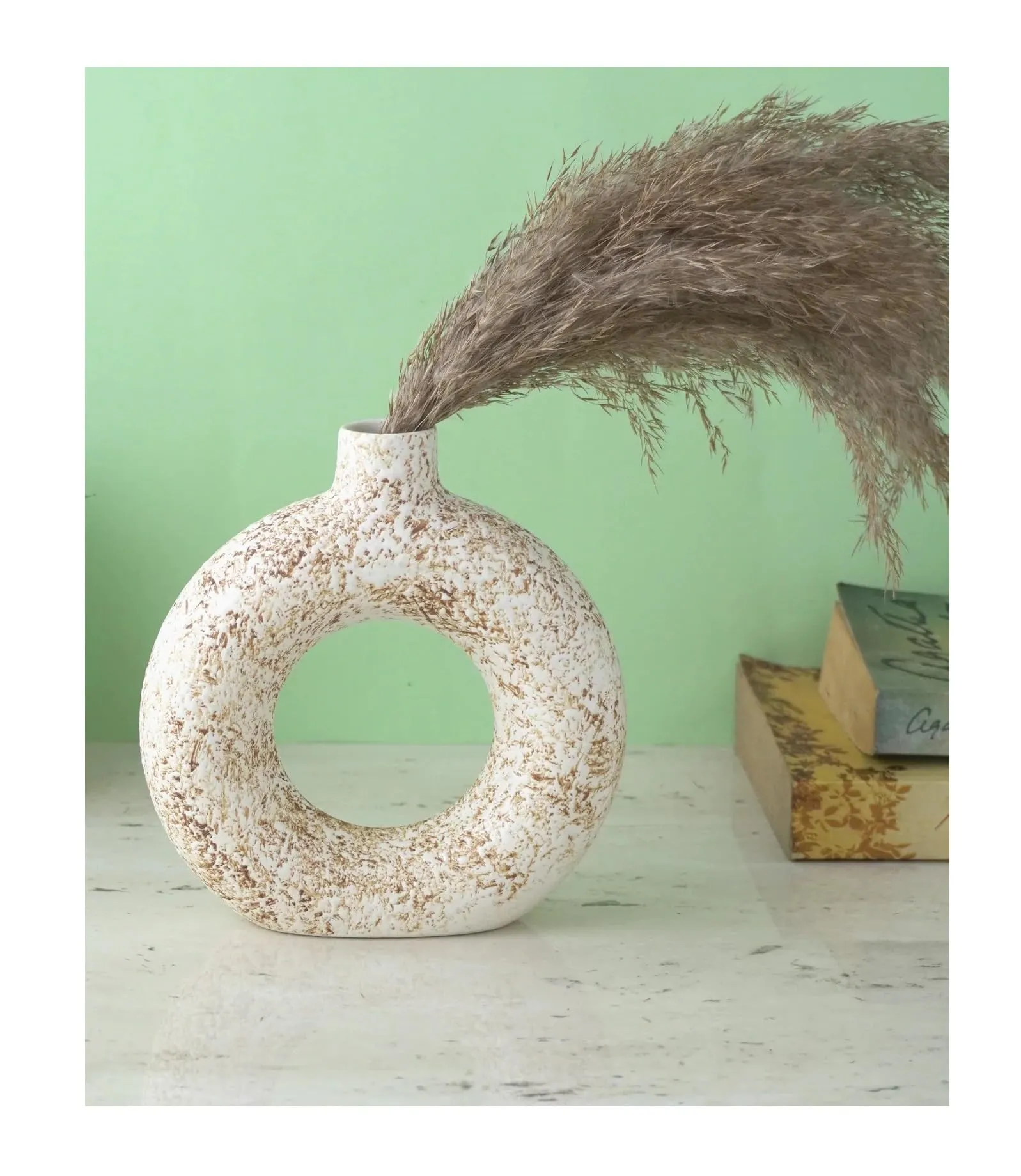 SPHINX Ceramic Donut Vase, Flower Vase Pampas Grass Vase, Vase Home Decor Centrepiece Decor for Home, Office, or Gifts-Vase Only - (White & Brown (6-7 Inches)- 1 Piece)