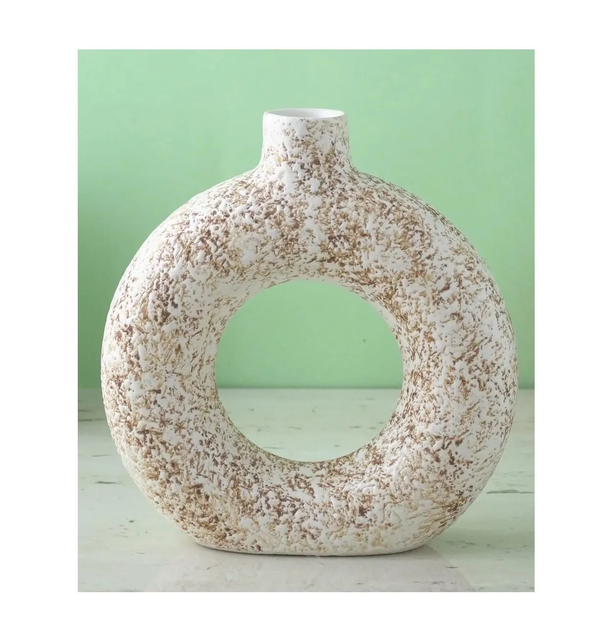 SPHINX Ceramic Donut Vase, Flower Vase Pampas Grass Vase, Vase Home Decor Centrepiece Decor for Home, Office, or Gifts-Vase Only - (White & Brown (6-7 Inches)- 1 Piece)