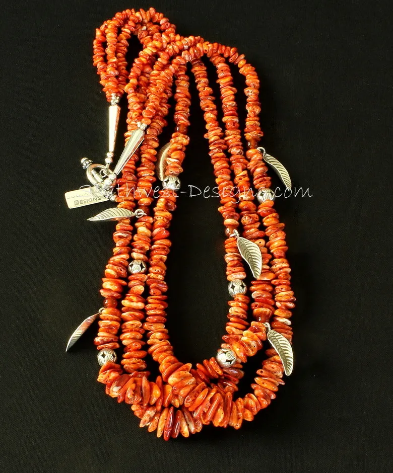 Spiny Oyster Shell Nugget 3-Strand Necklace with Carnelian Rounds, Sterling Silver Leaf Charms, and Sterling Beads, Cones & Toggle Clasp