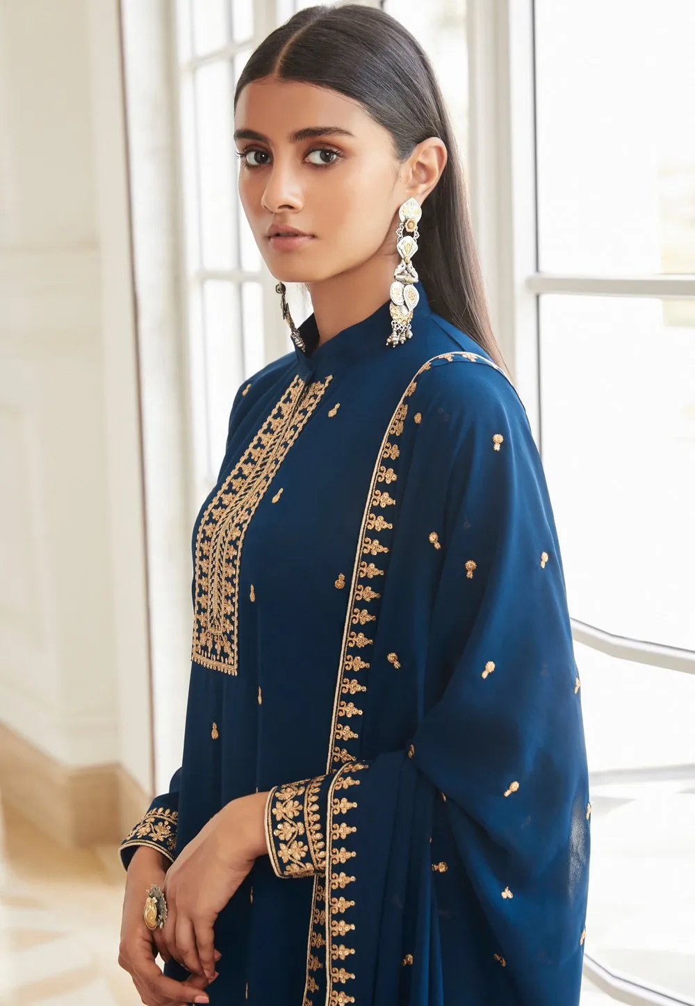 Splendid Blue Zari Embroidered Flared Palazzo Suit