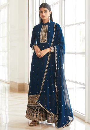 Splendid Blue Zari Embroidered Flared Palazzo Suit