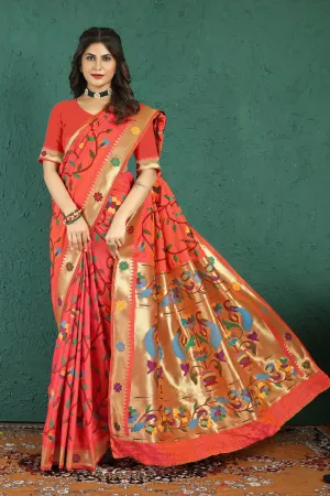 Splendiferous Peach Paithani Silk Saree With Murmurous Blouse Piece