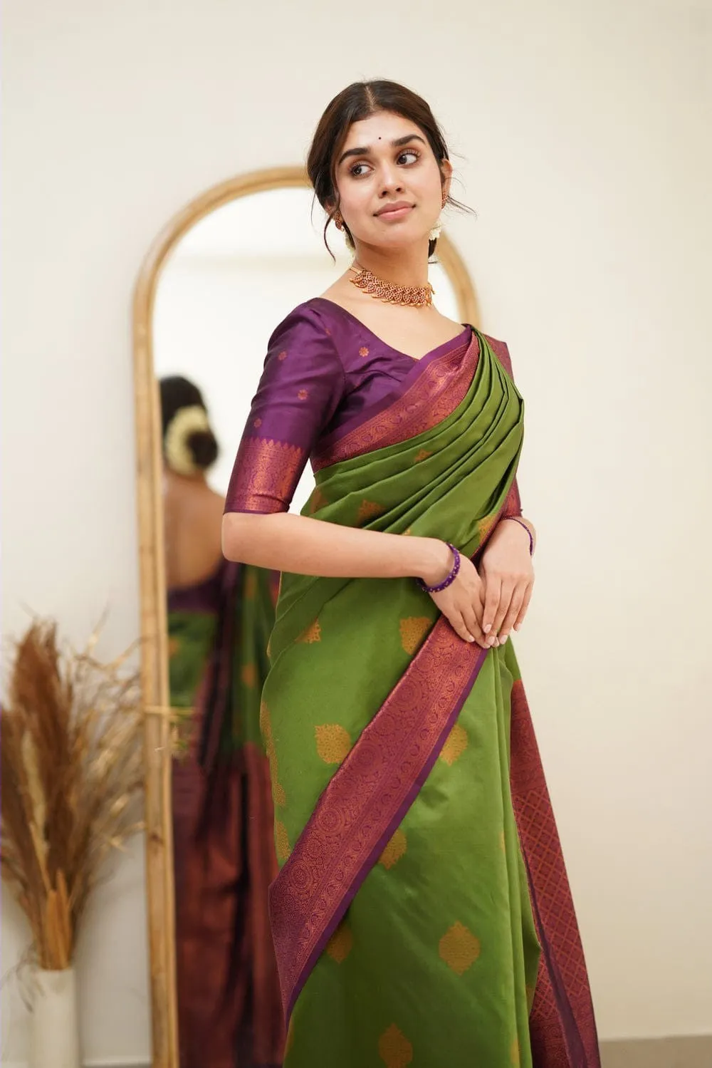 Splendorous Mehndi Soft Silk Saree with Glittering Blouse Piece