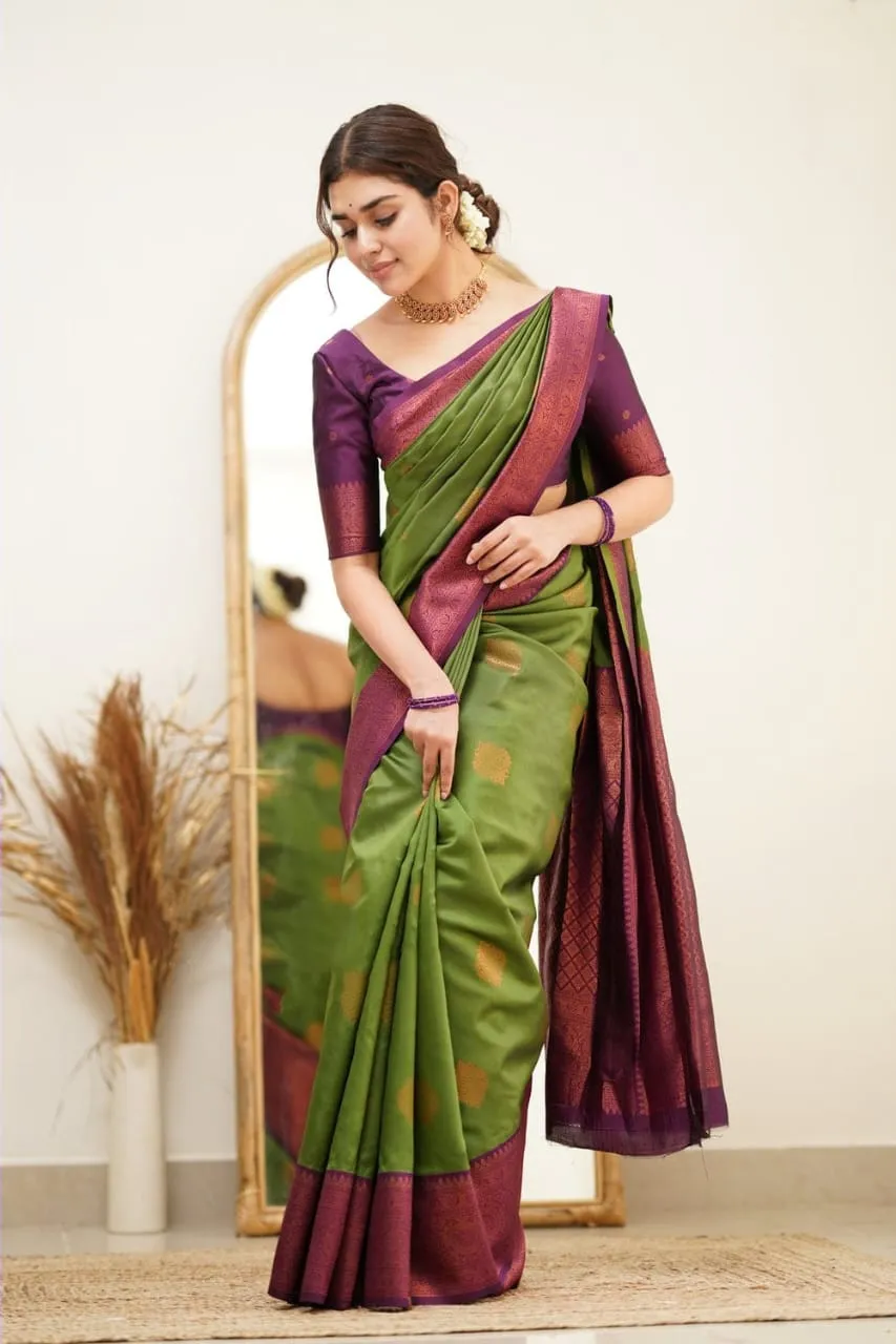 Splendorous Mehndi Soft Silk Saree with Glittering Blouse Piece