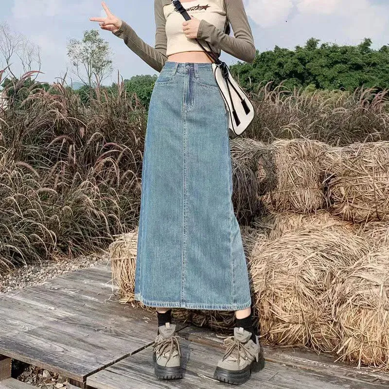 Split Denim Skirt for Women Spring Summer New Y2K High Waist Long Skirt Female Vintage Blue A-Line Jean Skirts