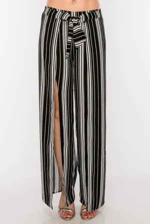 Split Front Chic Striped Pants - Black