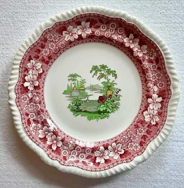 Spode Copeland Merriemount Plate RARE Garden scenery Red & Green BiColor Transferware