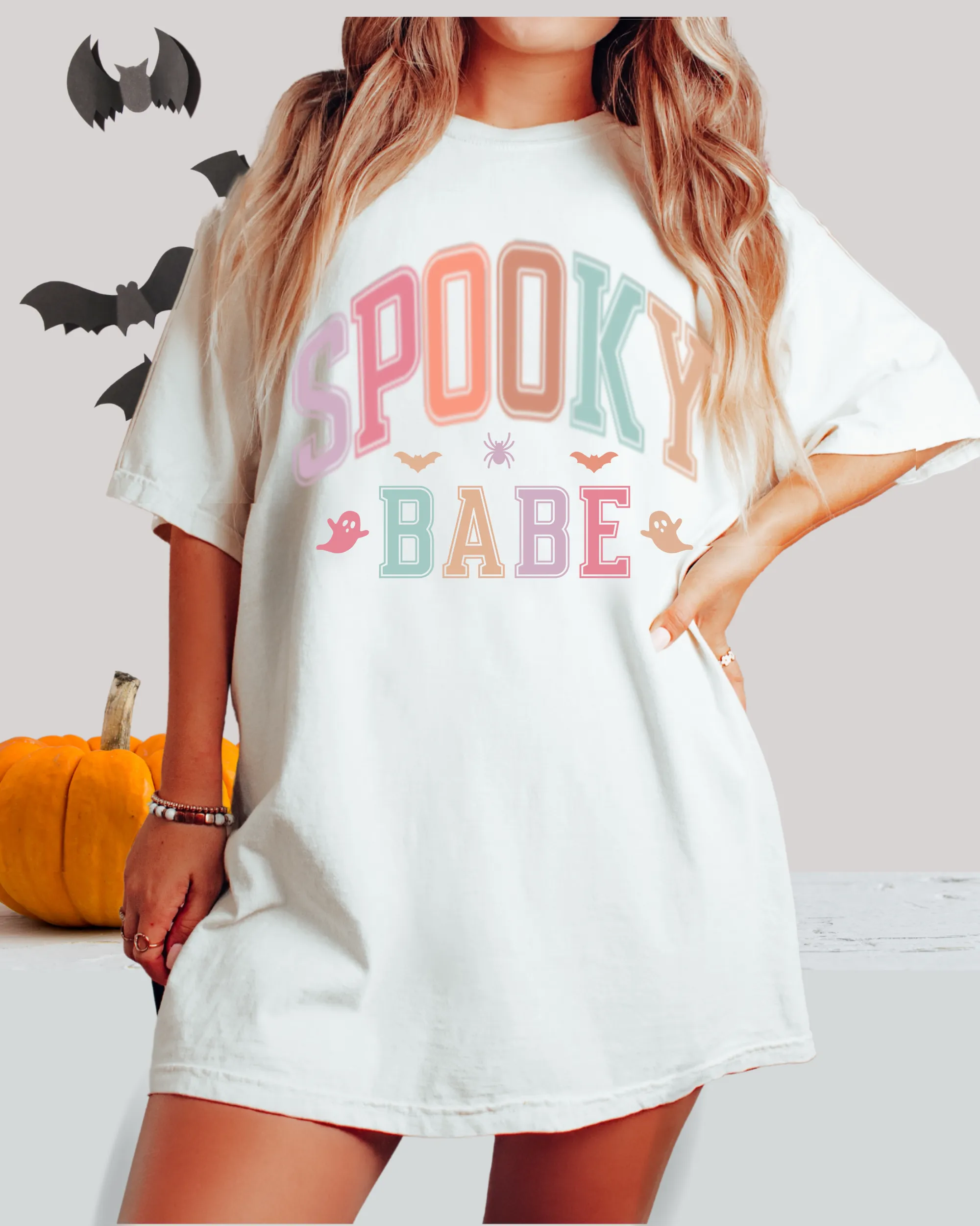 Spooky Babe Halloween or Fall Comfort Colors® Halloween T-Shirt, Women's Varsity Letters T-Shirt