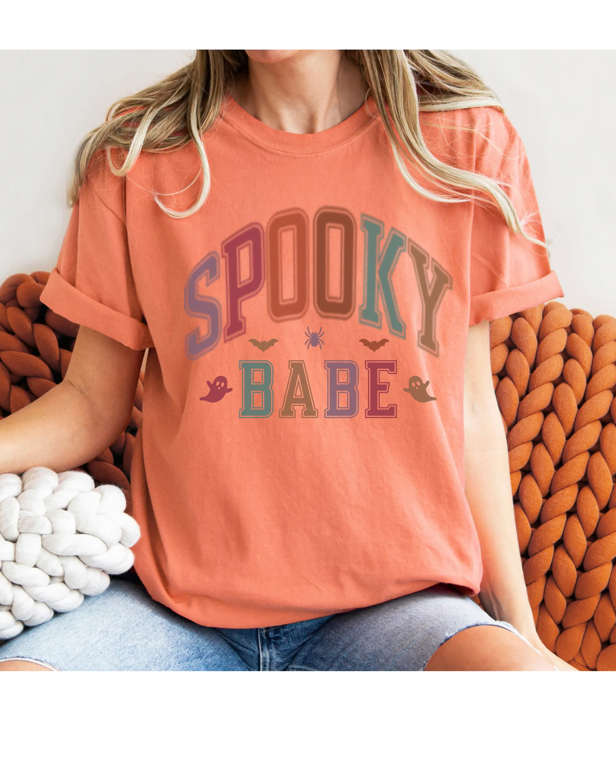 Spooky Babe Halloween or Fall Comfort Colors® Halloween T-Shirt, Women's Varsity Letters T-Shirt