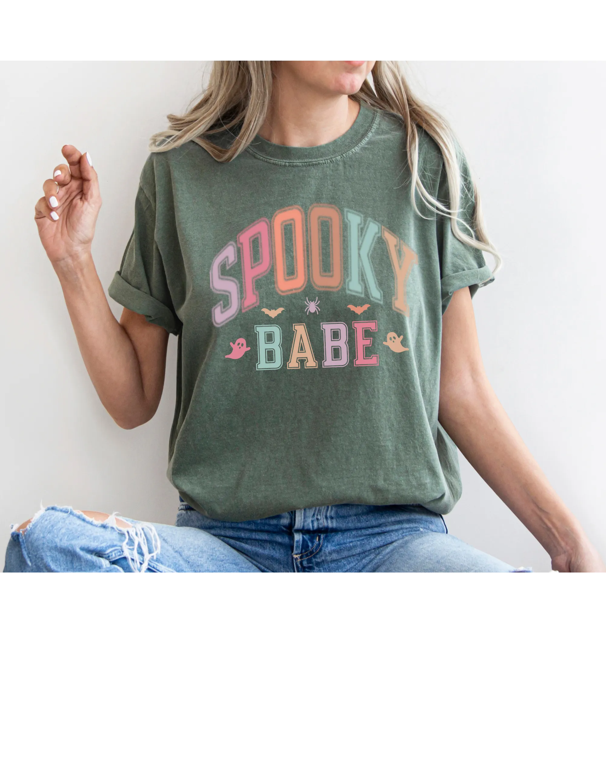 Spooky Babe Halloween or Fall Comfort Colors® Halloween T-Shirt, Women's Varsity Letters T-Shirt