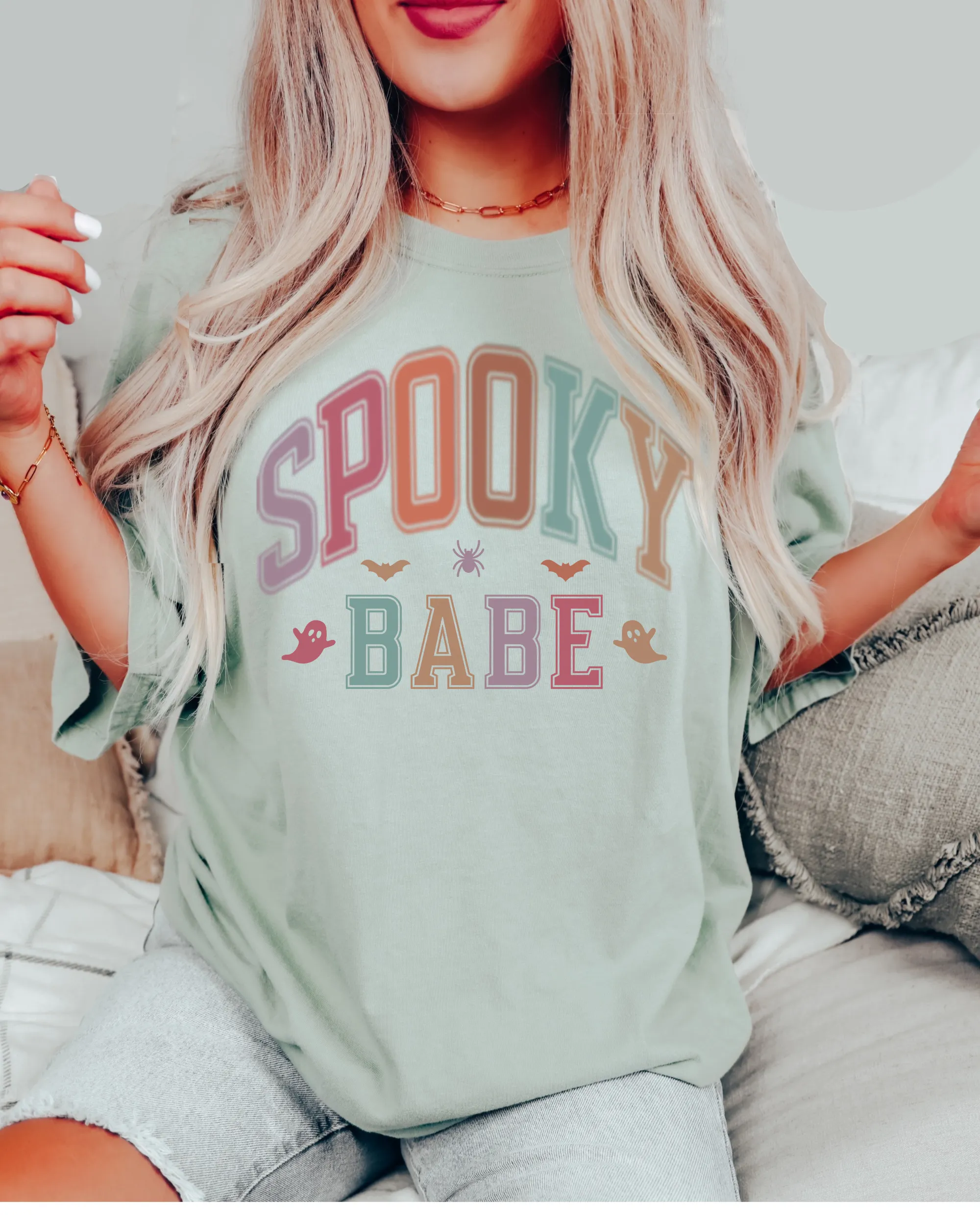 Spooky Babe Halloween or Fall Comfort Colors® Halloween T-Shirt, Women's Varsity Letters T-Shirt