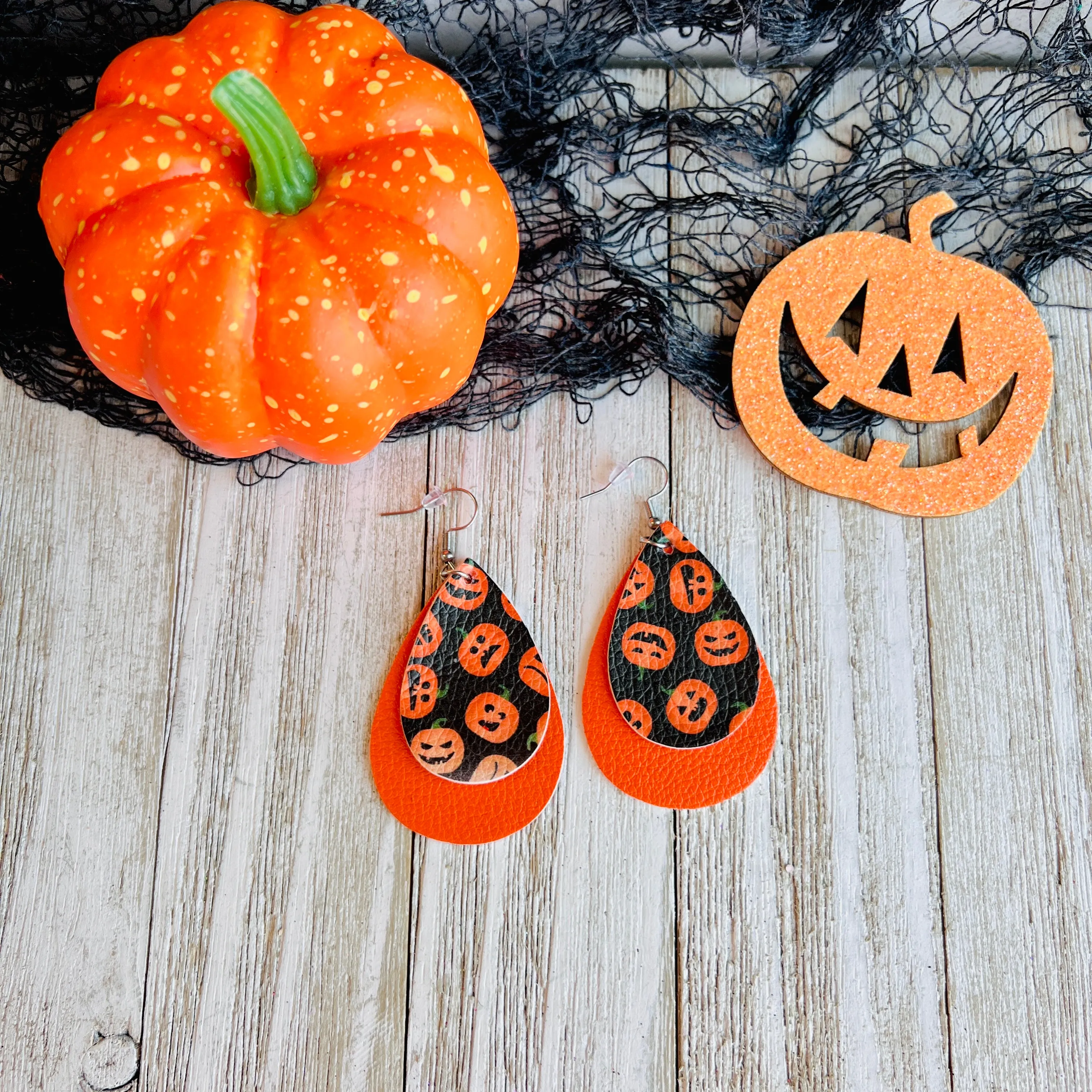 Spooky Halloween Jack-O-Lantern Faux Leather Drop Ear Bling