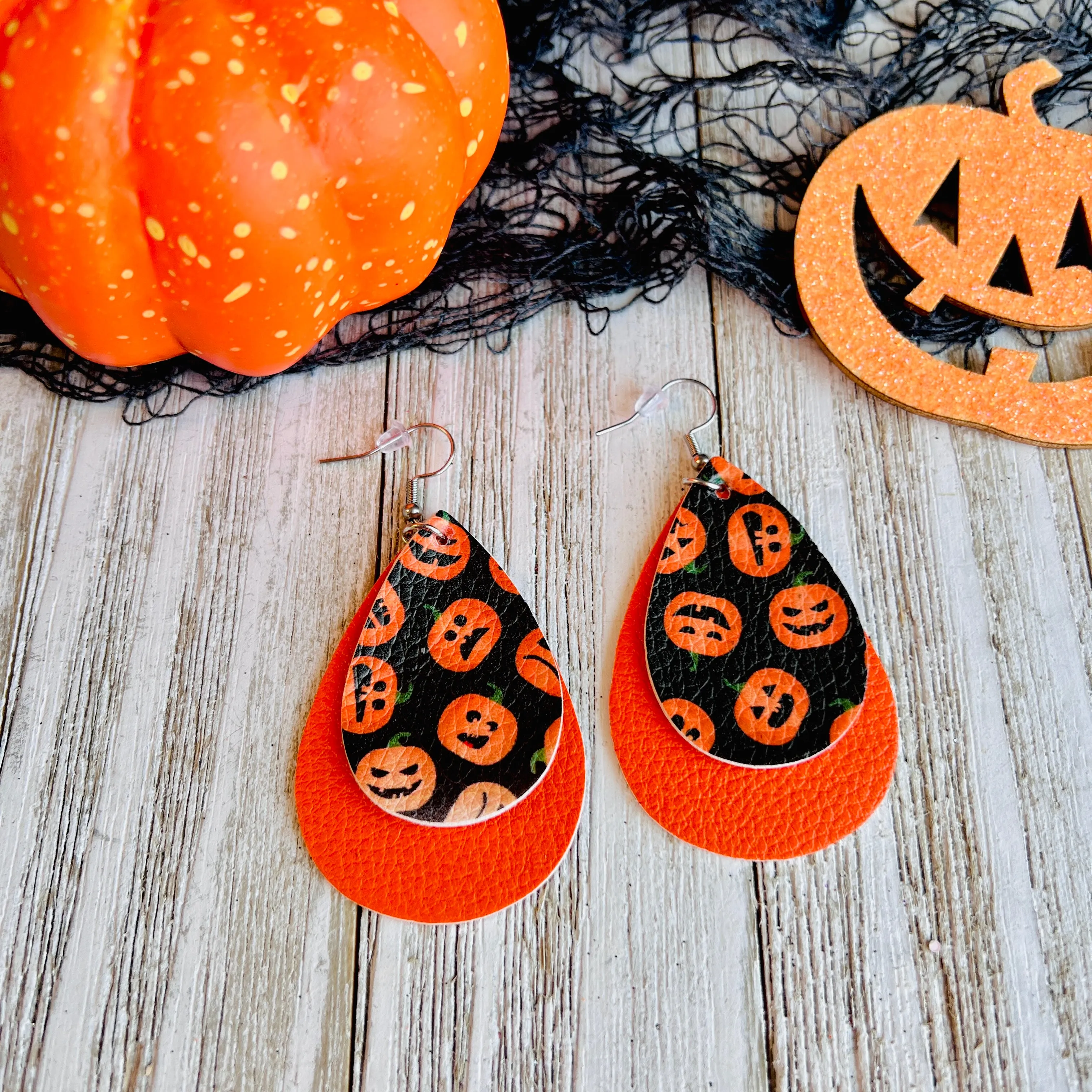 Spooky Halloween Jack-O-Lantern Faux Leather Drop Ear Bling