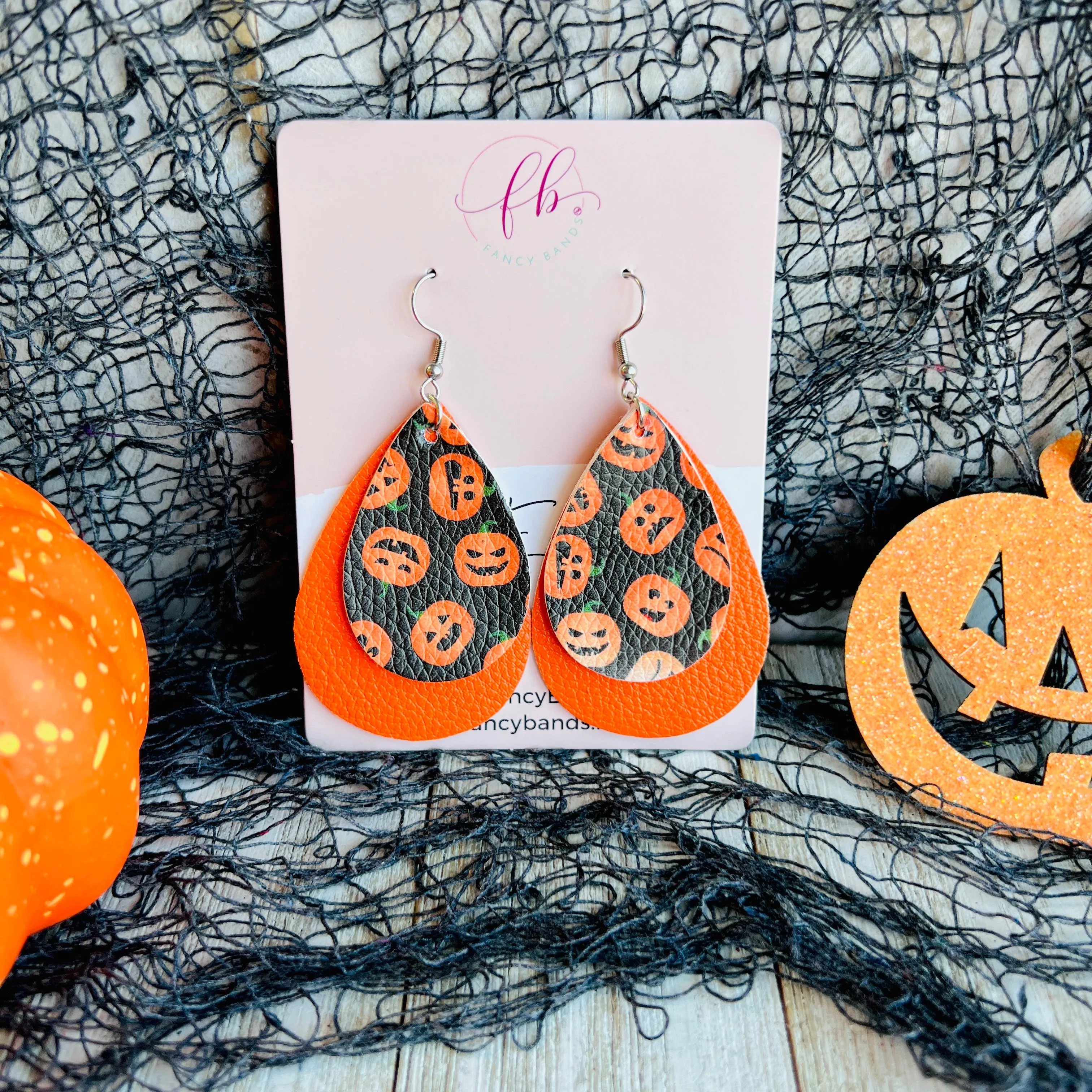 Spooky Halloween Jack-O-Lantern Faux Leather Drop Ear Bling