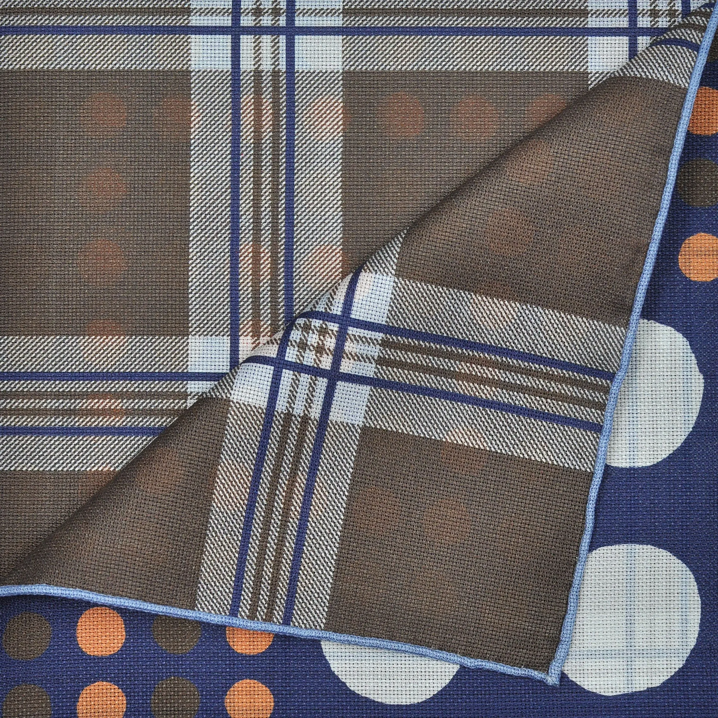 Spots & Dots & Checks Reversible Panama Silk Pocket Square in Blue & Brown & Peach