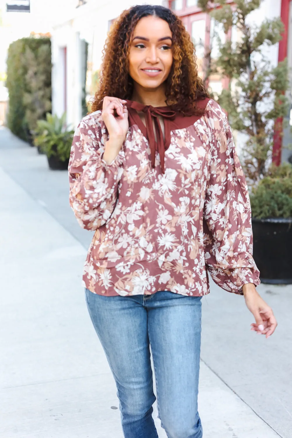 Spread Joy Taupe Floral Front Tie Elastic Long Sleeve Blouse