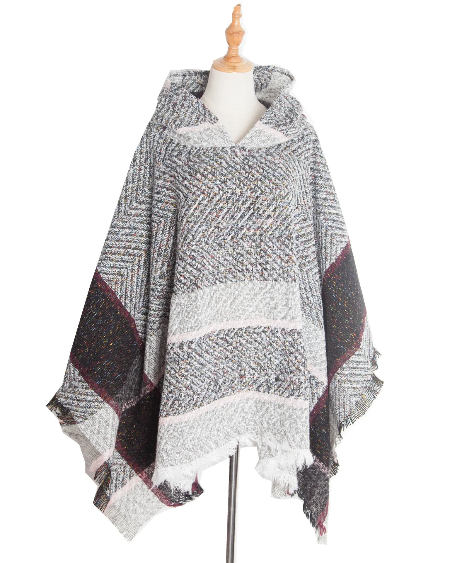 Spring Autumn Winter Herringbone Pattern Ladies Hooded Shawl Pullover Cloak