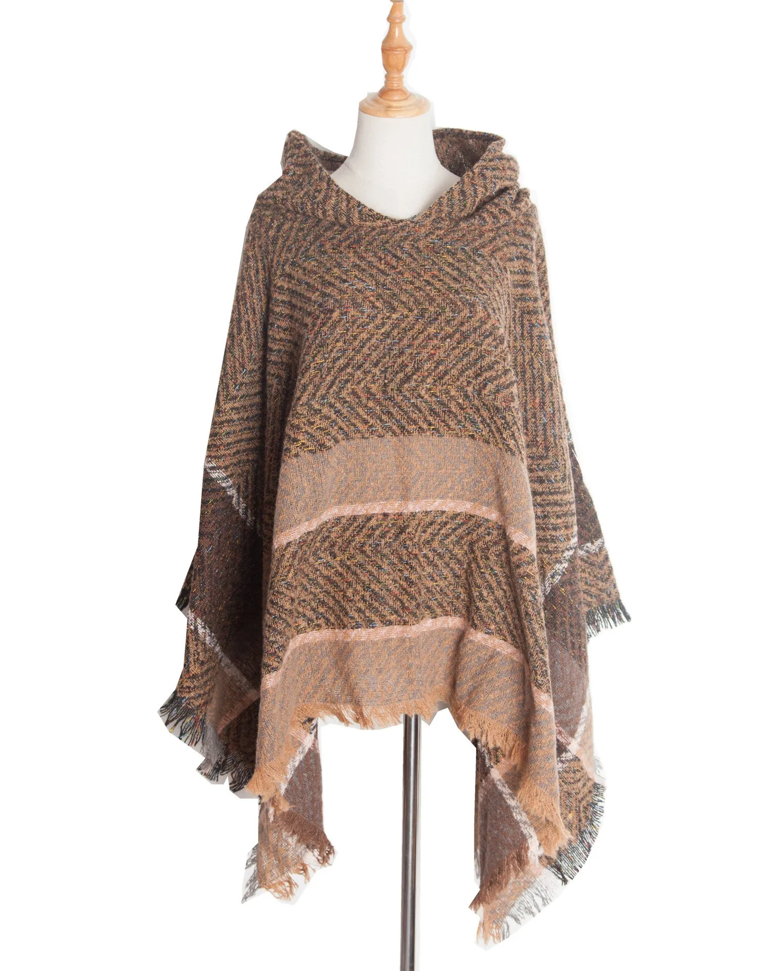 Spring Autumn Winter Herringbone Pattern Ladies Hooded Shawl Pullover Cloak