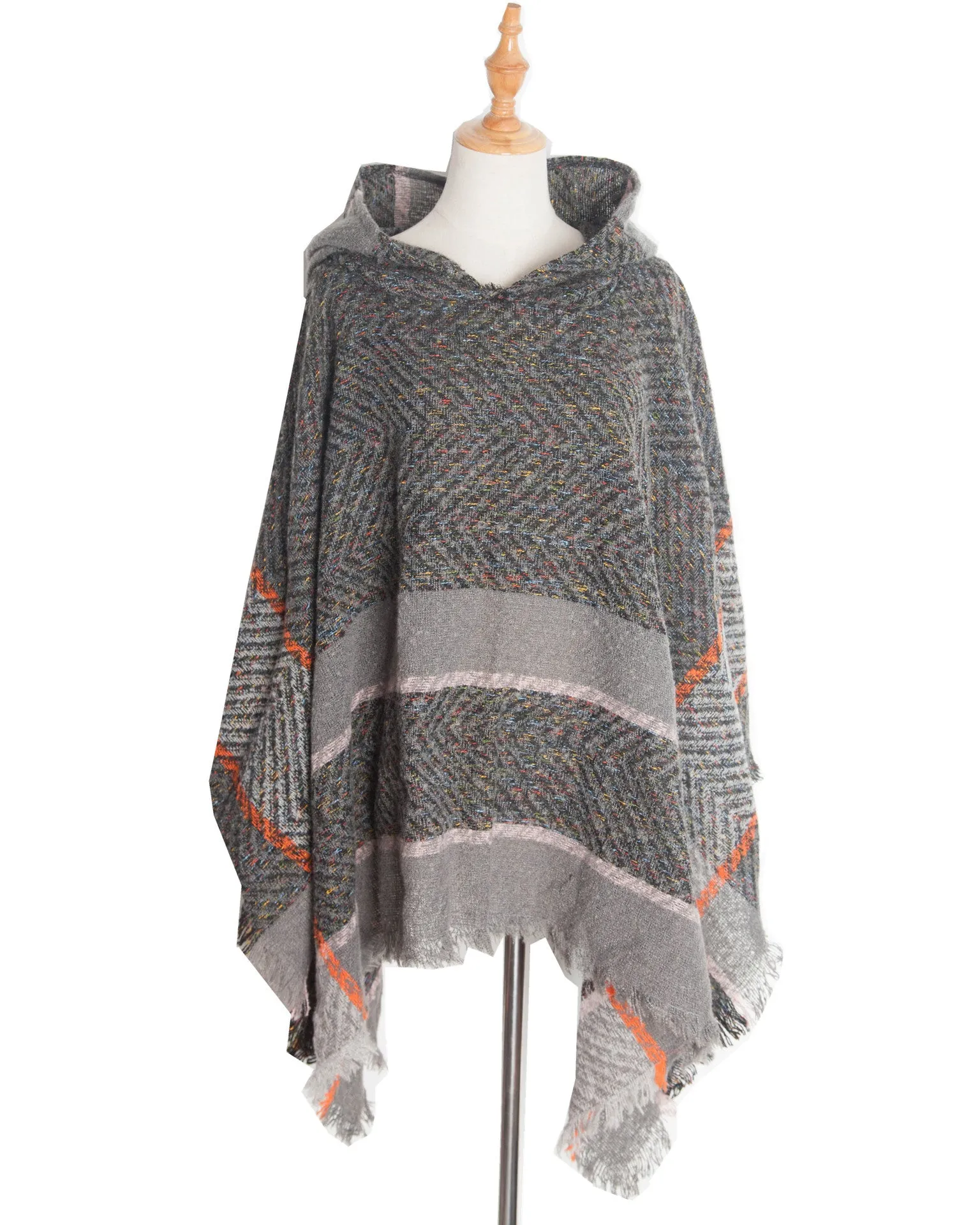 Spring Autumn Winter Herringbone Pattern Ladies Hooded Shawl Pullover Cloak