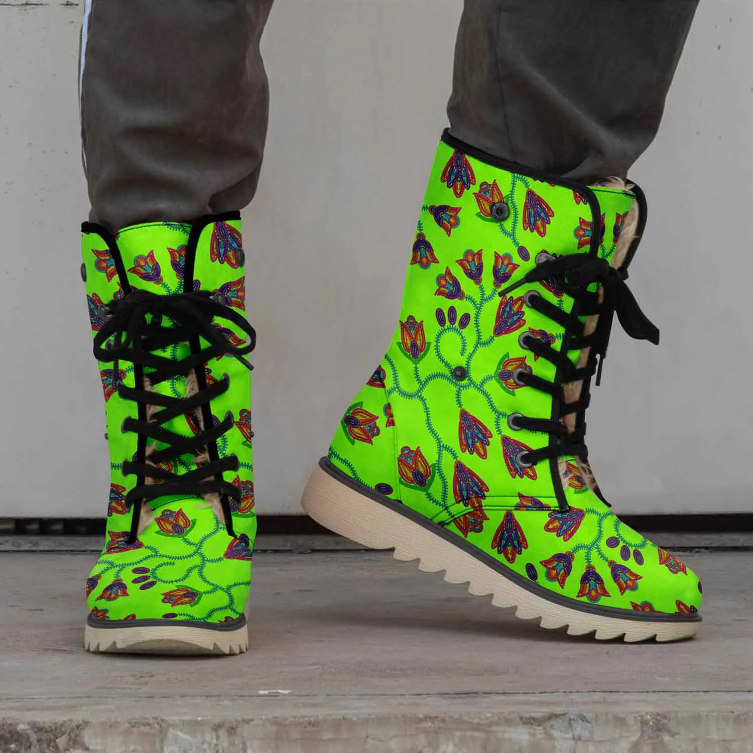 Spring Blossoms on Neon Green Polar Winter Boots