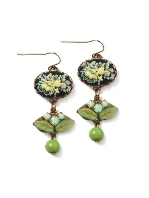 Spring Desire Dangle Earrings with Vintage Czech Glass and Floral Cameos